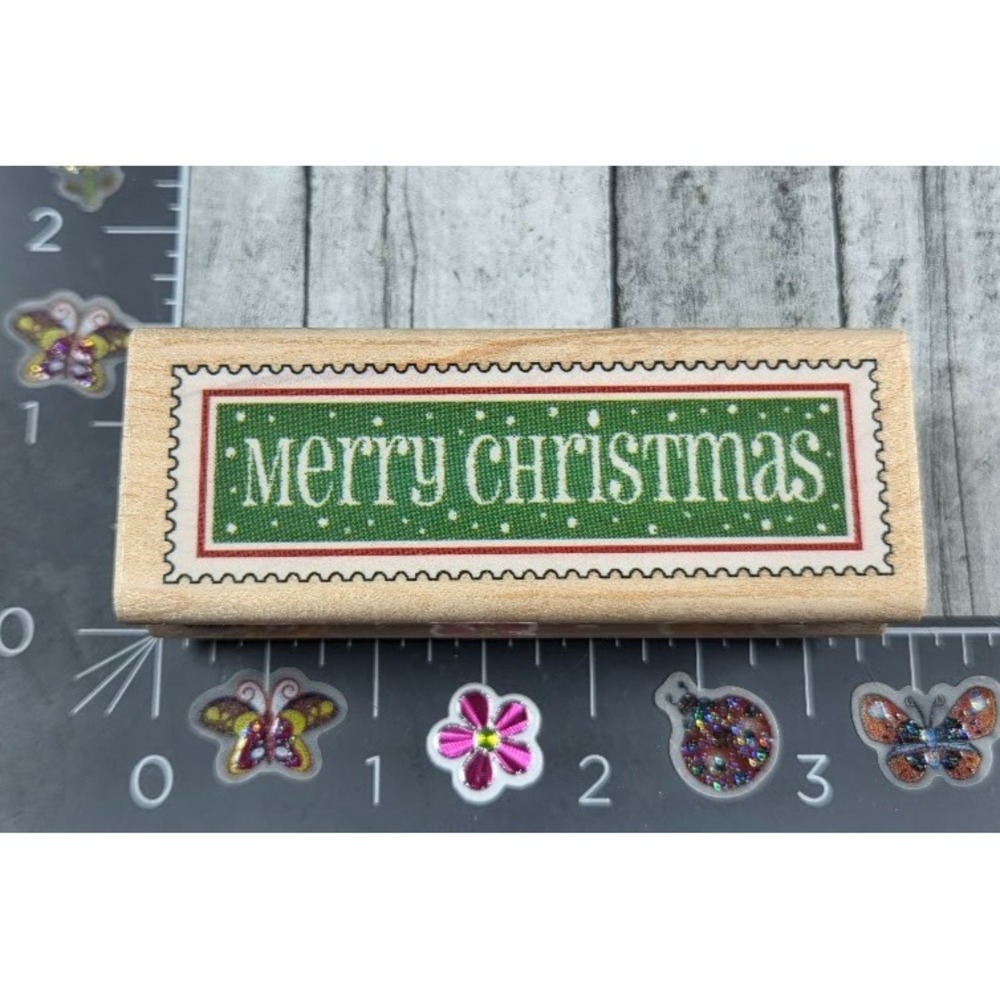 Inkadinkado Merry Christmas Embroidered Stitched Tag Rubber Stamp Wood #Q72